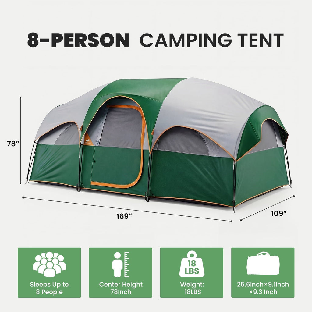 JIOABL 8 Person Camping Tent with Room Divider, Waterproof Polyester, Easy Setup, Portable with Carry Bag, Stakes & Ropes for Outdoor Camping
