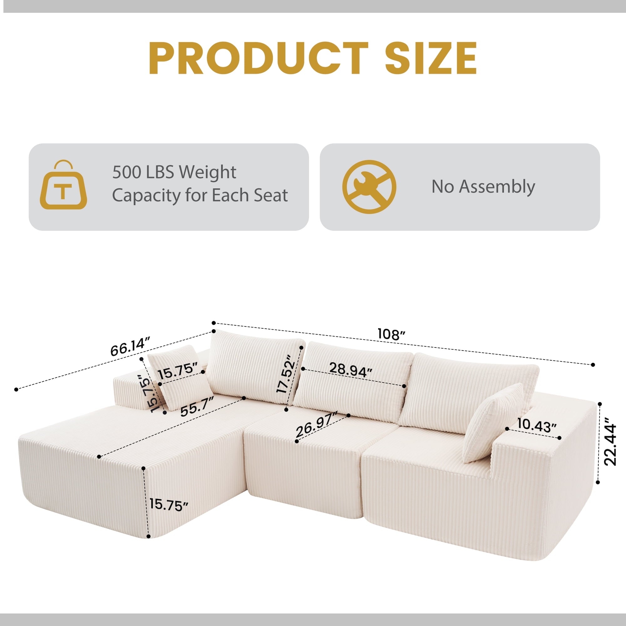 JIOABL 108" Modular Sectional Sofa, Fluffy Memory Foam Upholstered Couch, 4 Seat Modular Sofa for Living Room, Chaise Lounge