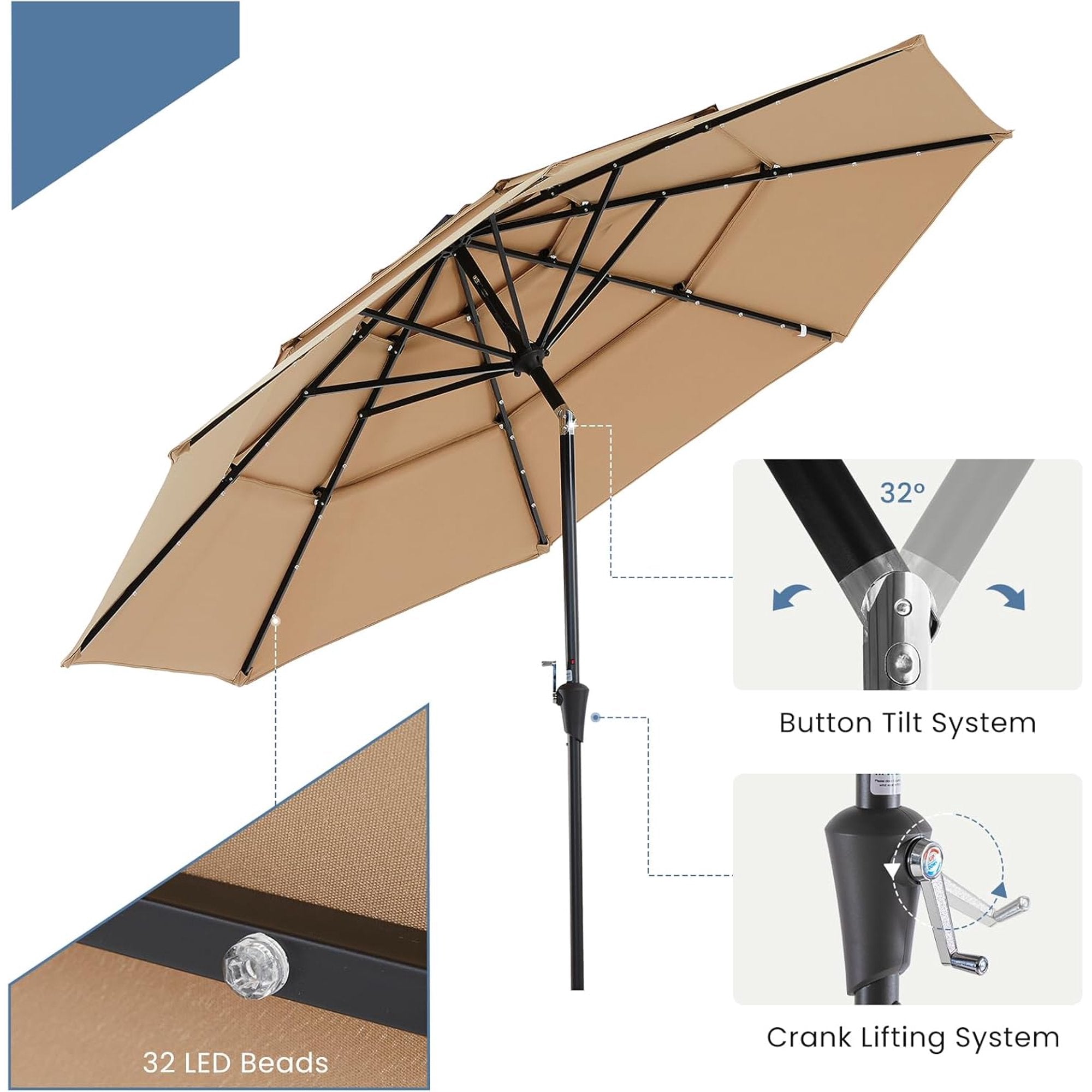 JIOABL 10FT Solar LED Patio Umbrella with Tilt & Vent, 32 LED Lights, 8 Ribs, UV-Resistant & Water-Resistant for Garden, Deck, Patio