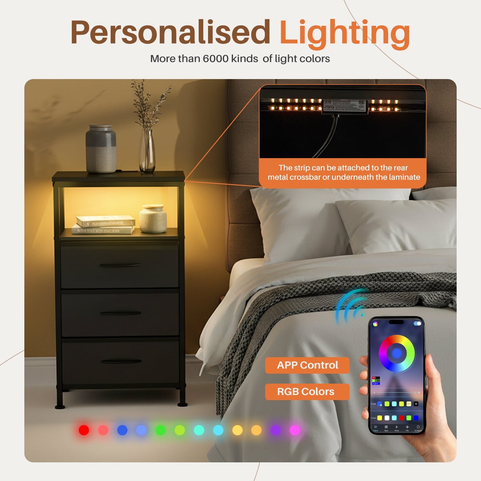 JIOABL Nightstand with USB & Type-C Charging, Fabric Drawers, Metal Frame