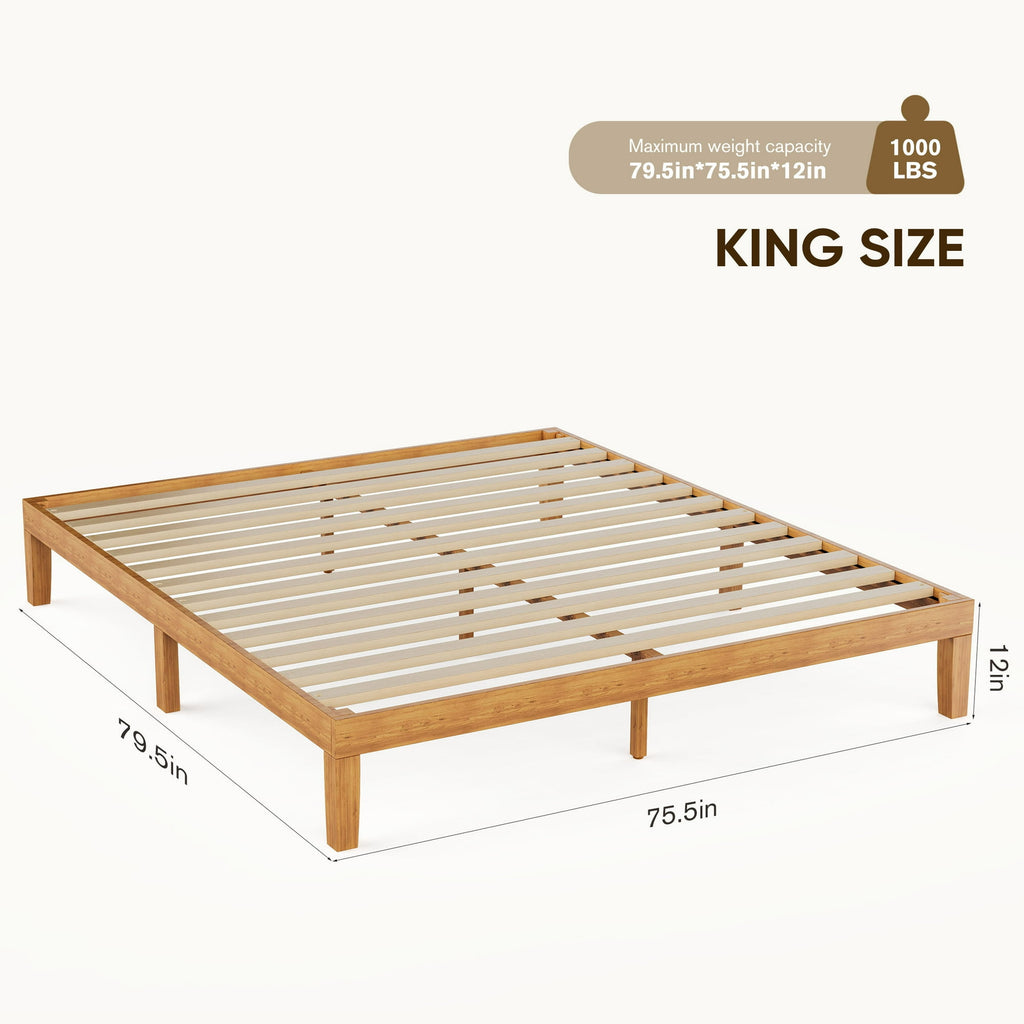 JIOABL Wood Bed Frame, 12in Wooden Platform Bed Frame with Support Slats, No Spring Needed, Storage Space Under Base, Natural Pine