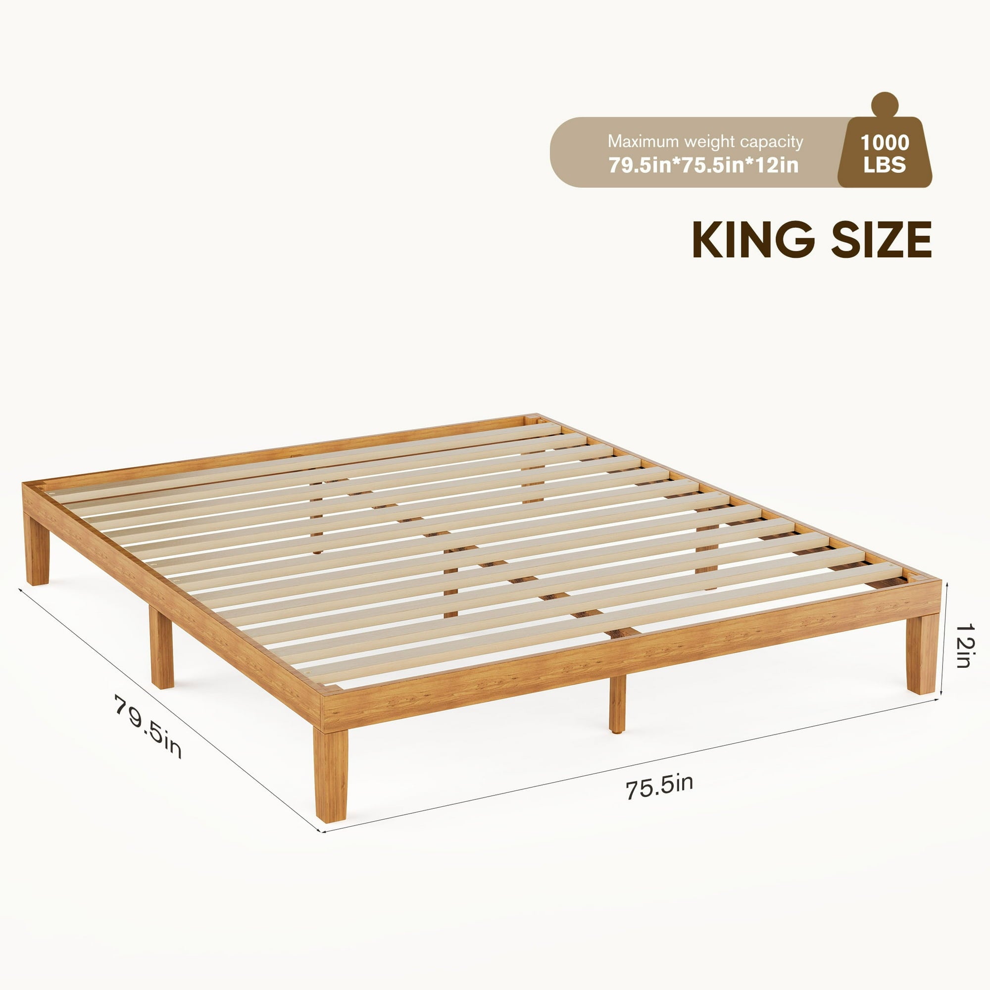 JIOABL Wood Bed Frame, 12in Wooden Platform Bed Frame with Support Slats, No Spring Needed, Storage Space Under Base, Natural Pine