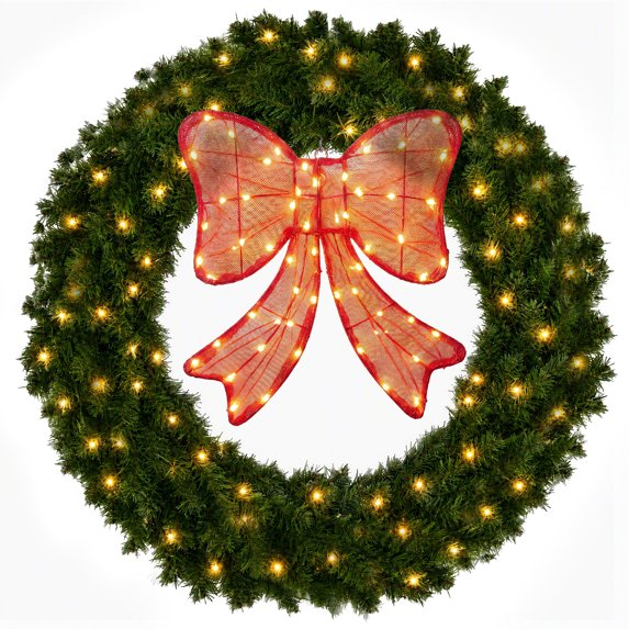 JIOABL 30in Pre-Lit Christmas Wreath with Lighted Bow, 130 LED Warm White Lights, PVC Tips, Plug-in for Door Mantel
