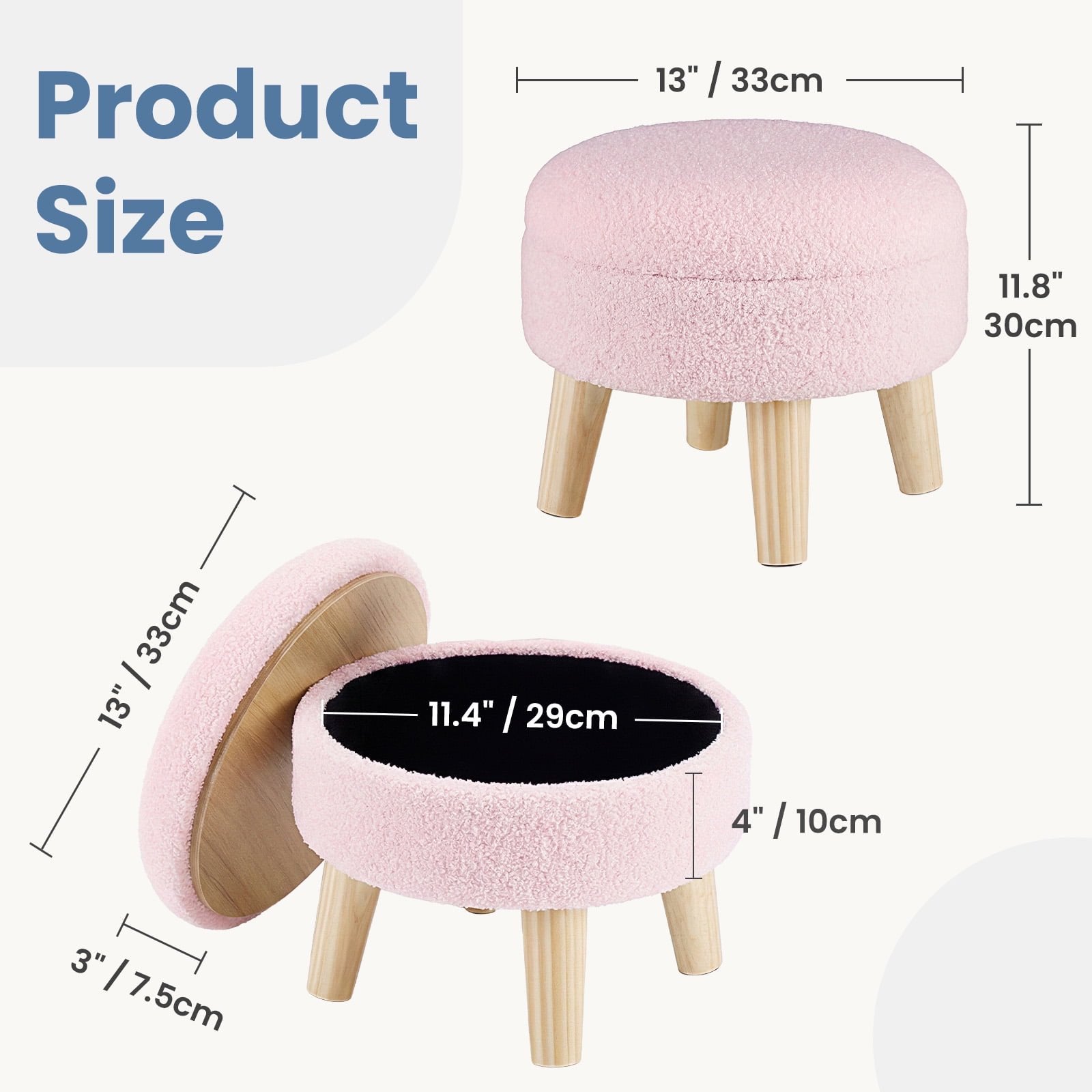 JIOABL Ottoman with Storage, 350lbs Capacity, Soft Teddy Fabric, Round Footrest, Wooden Legs, for Living Room & Bedroom