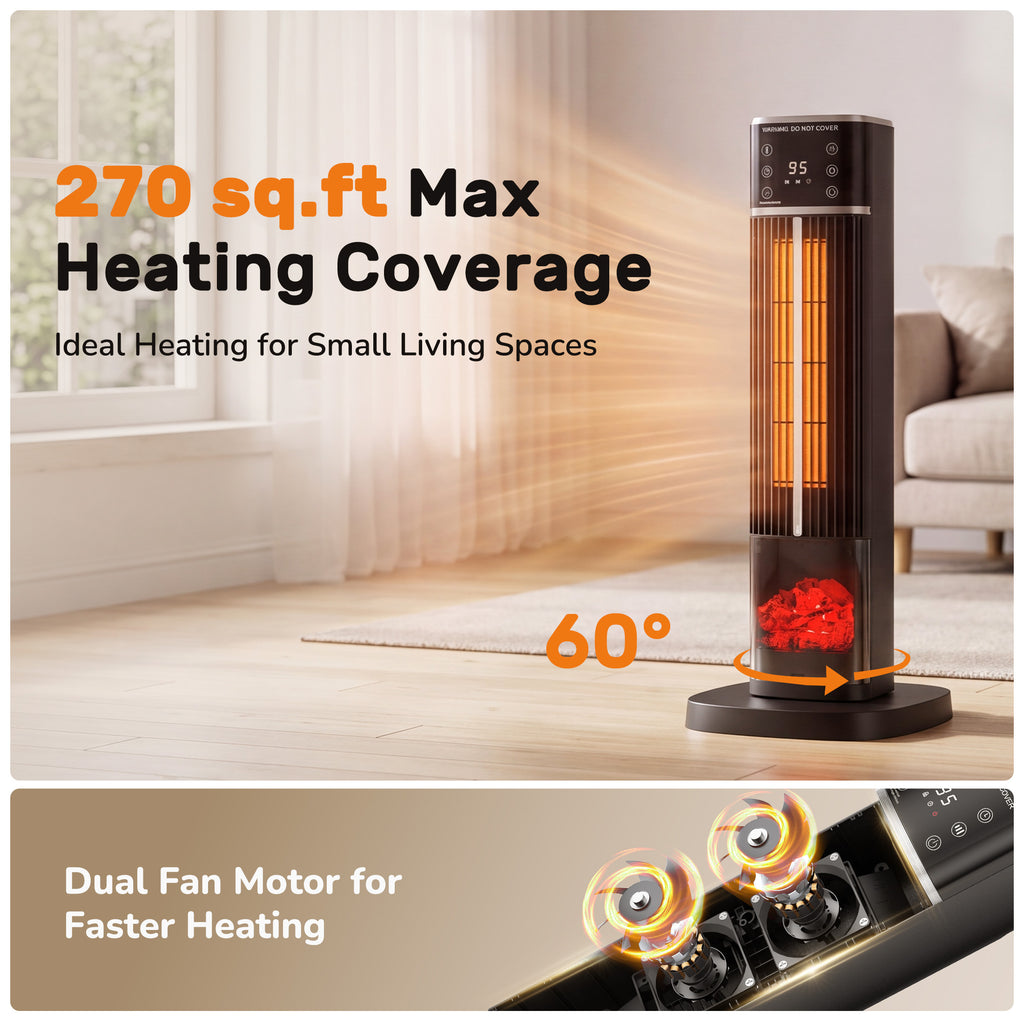 JIOABL Tall Tower Flame Heater | 1500W, 4 Functions, 3s Quick Heat, 2 Heat Settings, Low Noise, Oscillation & Timer