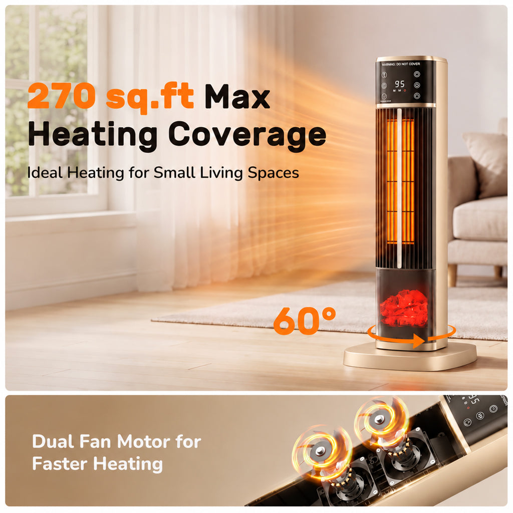 JIOABL Tall Tower Flame Heater | 1500W, 4 Functions, 3s Quick Heat, 2 Heat Settings, Low Noise, Oscillation & Timer