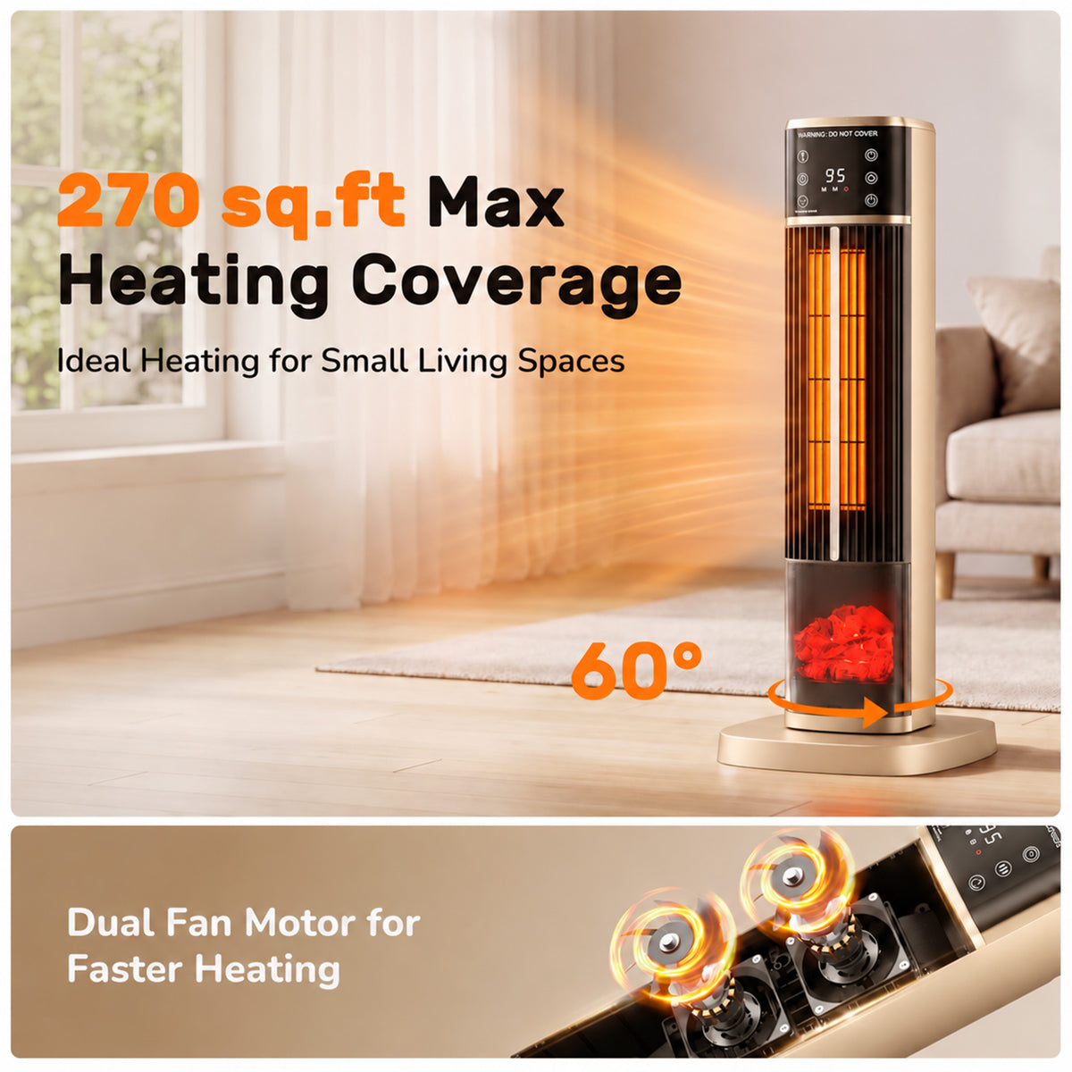 JIOABL Tall Tower Flame Heater | 1500W, 4 Functions, 3s Quick Heat, 2 Heat Settings, Low Noise, Oscillation & Timer