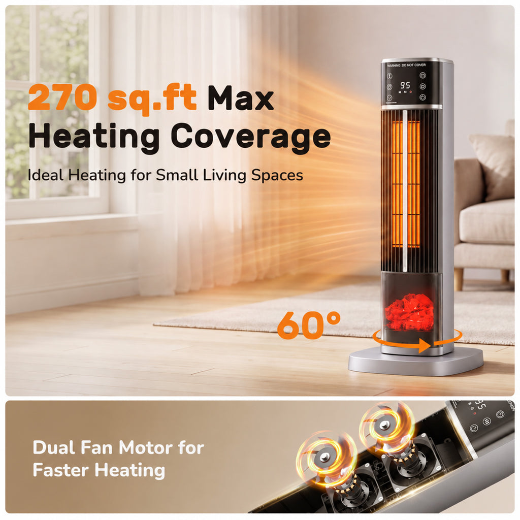 JIOABL Tall Tower Flame Heater | 1500W, 4 Functions, 3s Quick Heat, 2 Heat Settings, Low Noise, Oscillation & Timer
