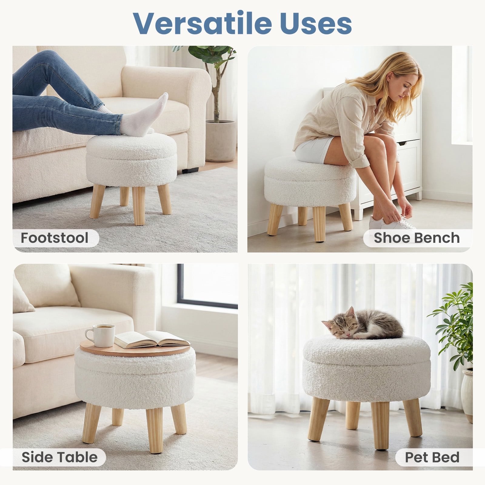 JIOABL Ottoman with Storage, 350lbs Capacity, Soft Teddy Fabric, Round Footrest, Wooden Legs, for Living Room & Bedroom