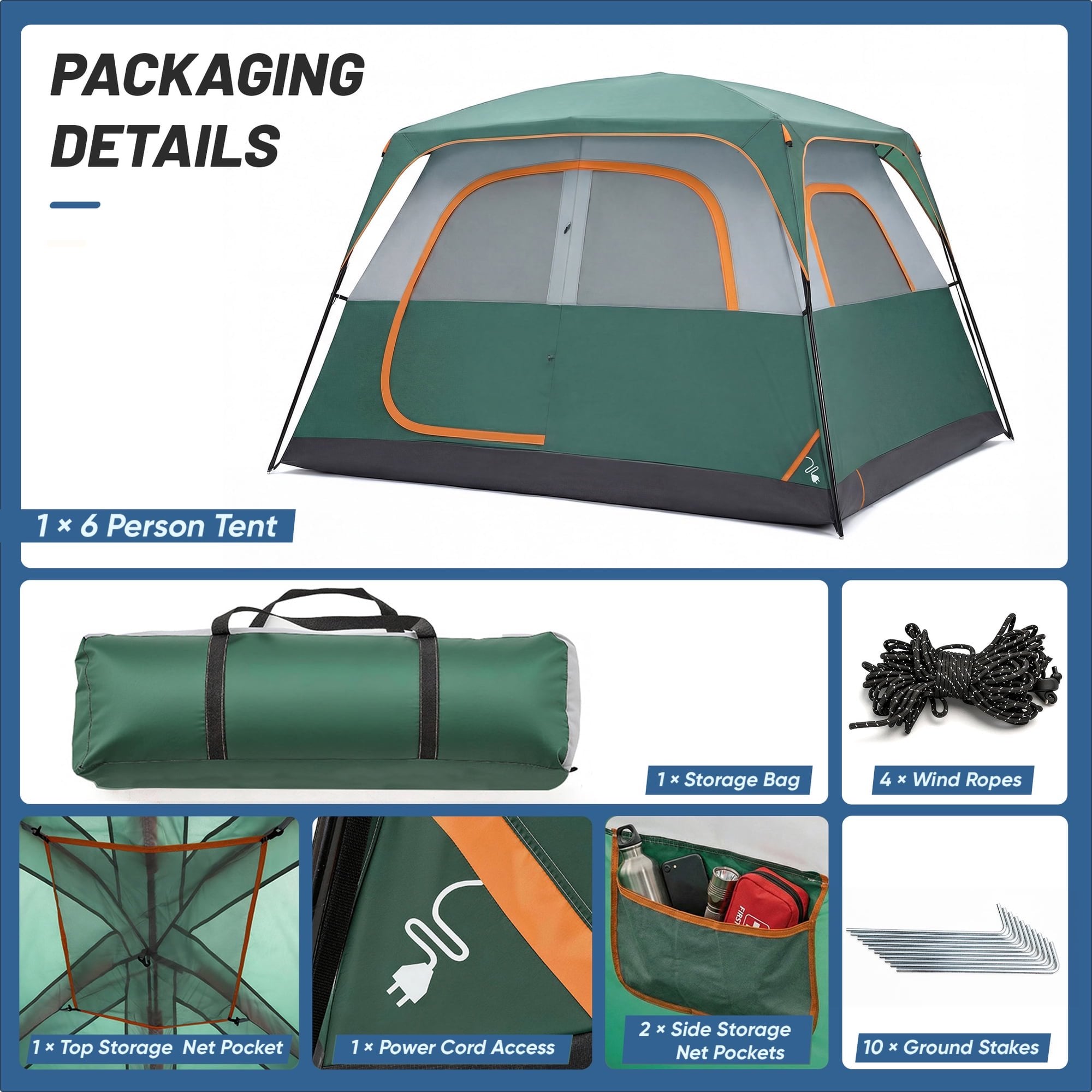 JIOABL 6 Person Camping Tent with Rainfly, Waterproof Polyester, Easy Setup, Portable with Carry Bag, Stakes & Ropes for Outdoor Camping