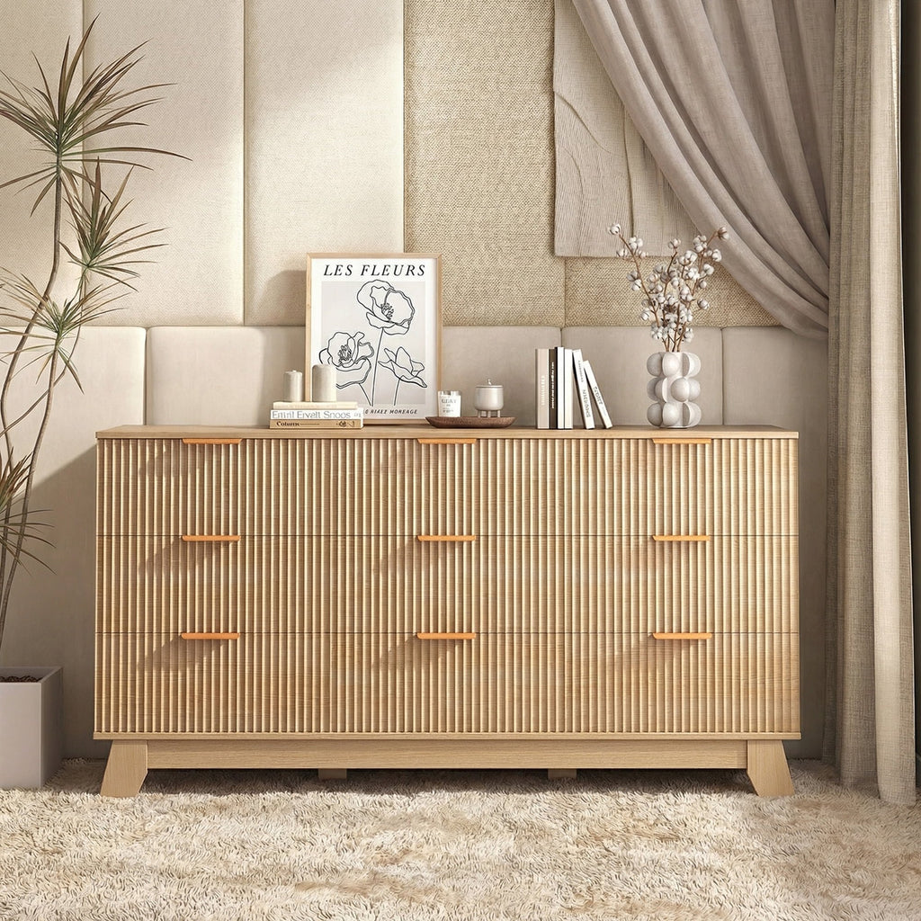 JIOABL Wood Dresser with Fluted Panel Design, Modern Storage Cabinet for Bedroom, Living Room, Hallway, Natural Oak