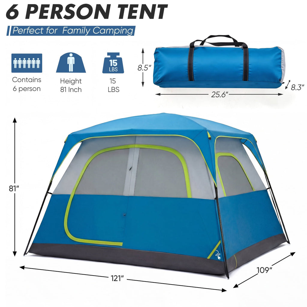 JIOABL 6 Person Camping Tent with Rainfly, Waterproof Polyester, Easy Setup, Portable with Carry Bag, Stakes & Ropes for Outdoor Camping