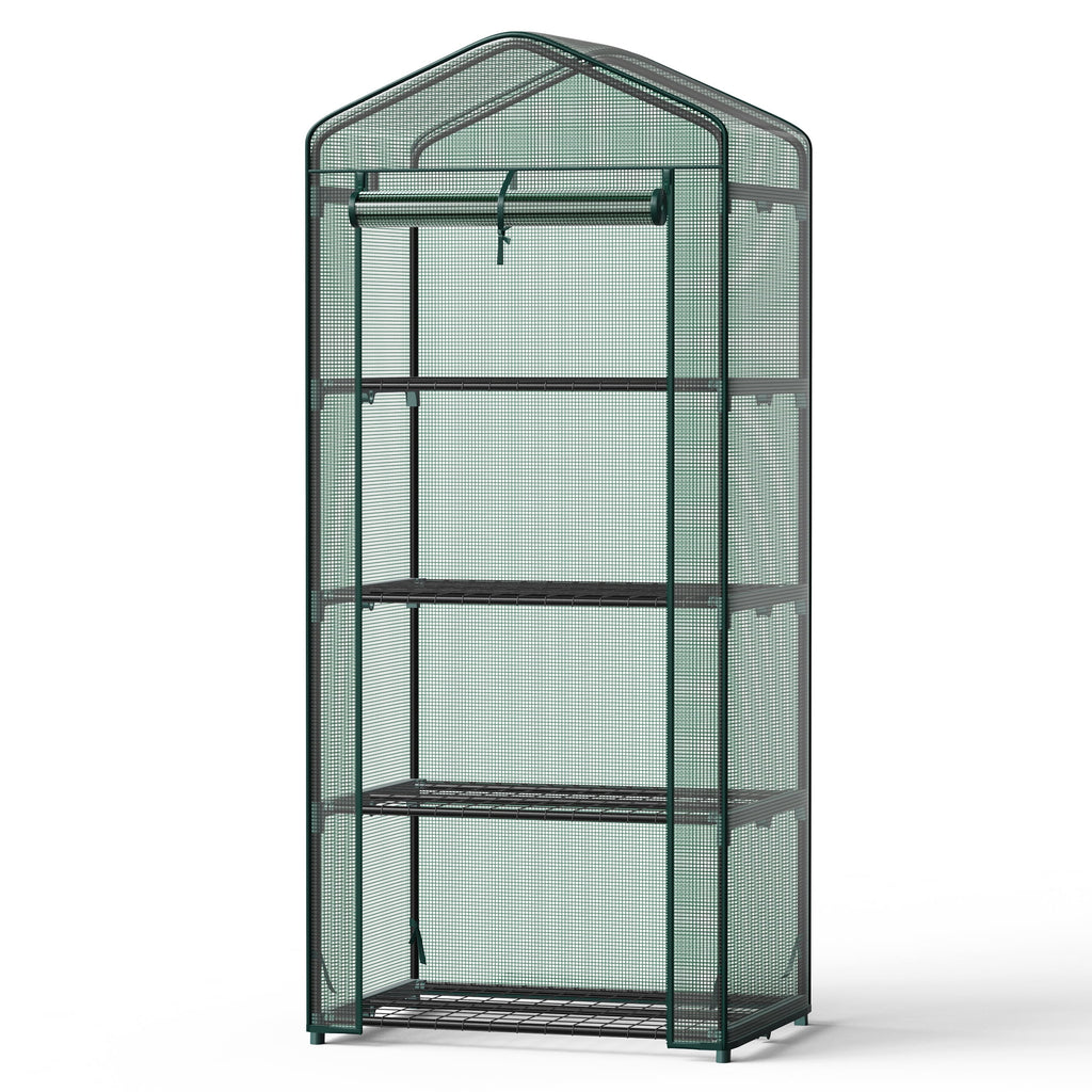 JIOABL 4-Tier Mini Greenhouse with PE Cover, Portable Plant Grow House with Zipper Door & Steel Frame for Indoor Outdoor Garden, Green