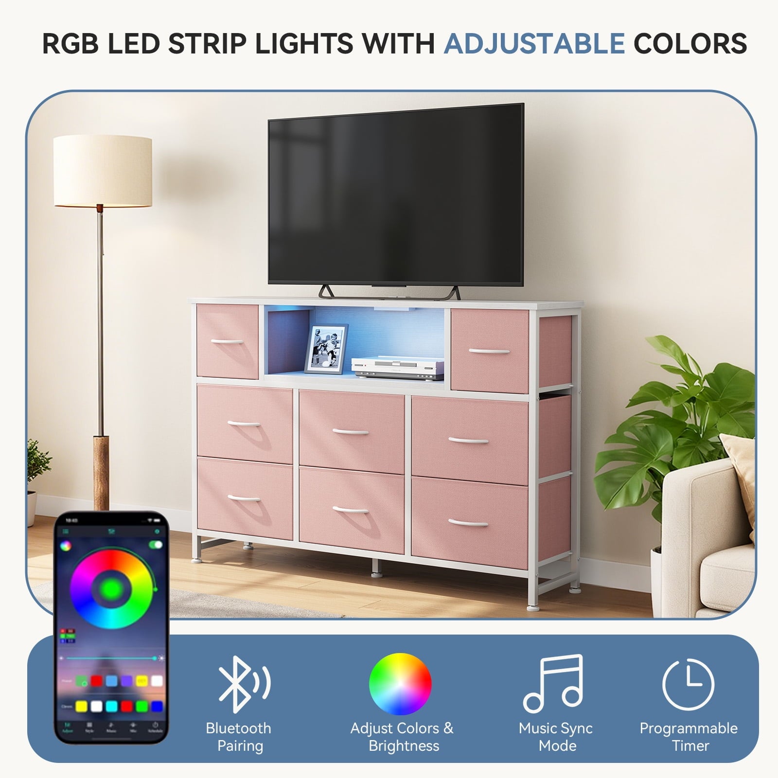 JIOABL TV Stand with  Fabric Drawers & Power Outlet, LED TV Console with USB & Type-C, Storage Dresser for Living Room
