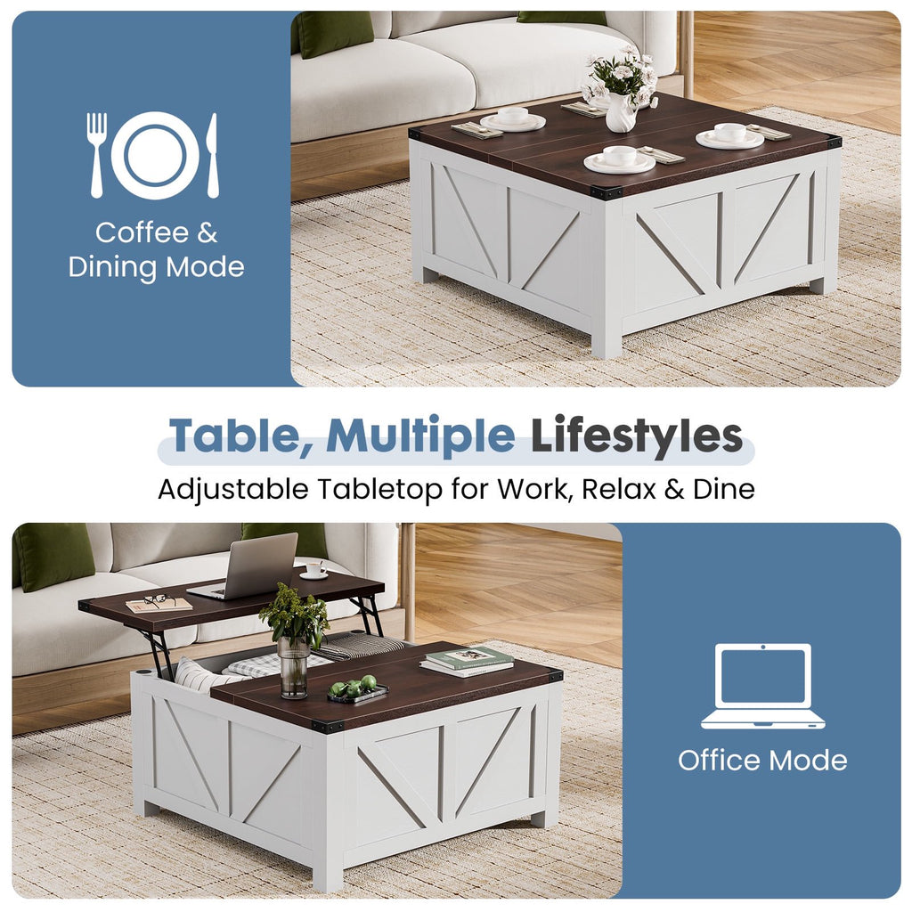 JIOABL Farmhouse Lift Top Coffee Table with Charging Station and Hidden Storage, Square Center Table for Living Room