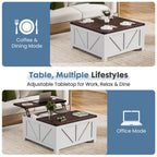 JIOABL Farmhouse Lift Top Coffee Table with Charging Station and Hidden Storage, Square Center Table for Living Room