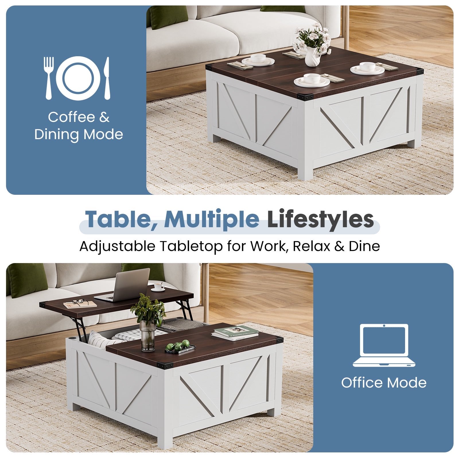 JIOABL Farmhouse Lift Top Coffee Table with Charging Station and Hidden Storage, Square Center Table for Living Room