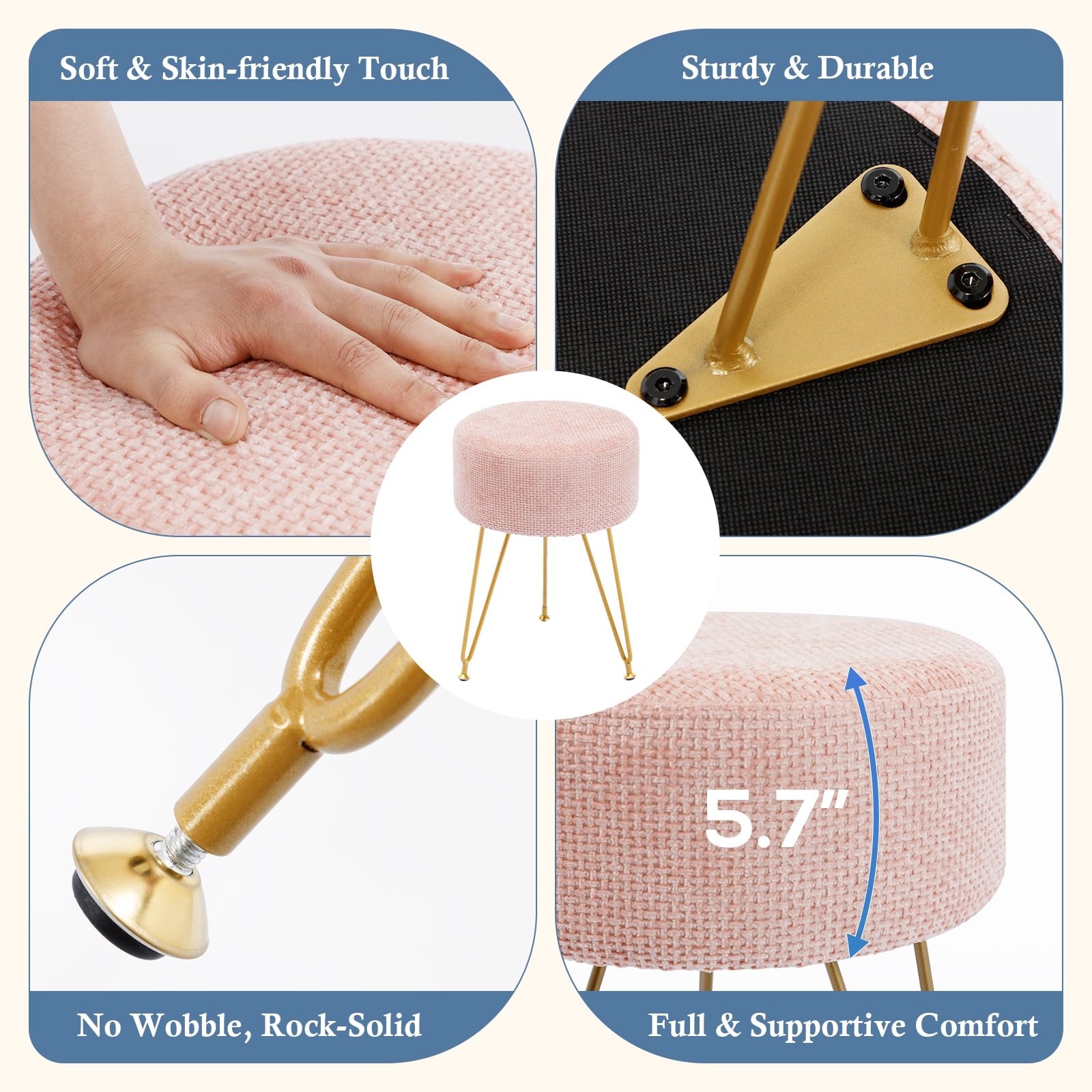 JIOABL Ottoman Foot Stool & Vanity Stool, 350lbs Capacity, Thick Cushion, Gold Metal Legs, for Bedroom & Living Room
