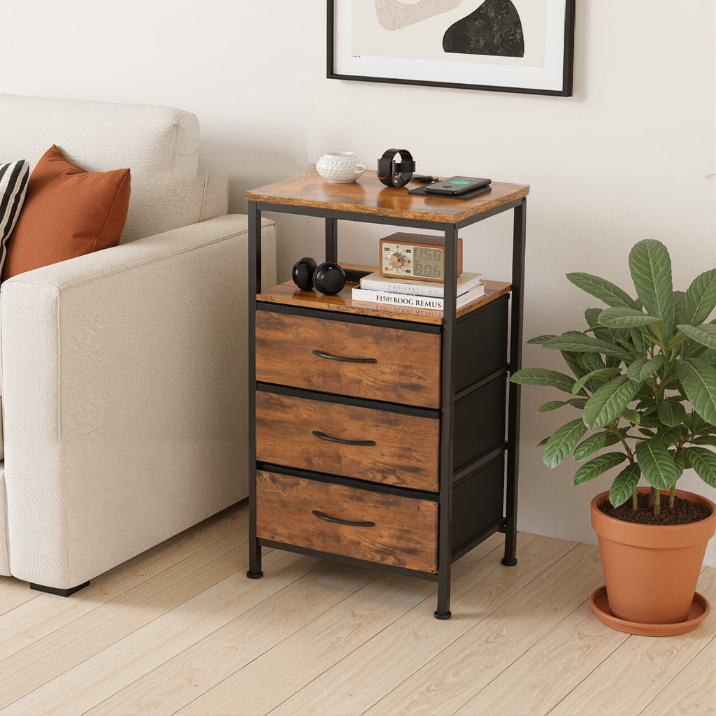 JIOABL Nightstand with USB & Type-C Charging, Fabric Drawers, Metal Frame