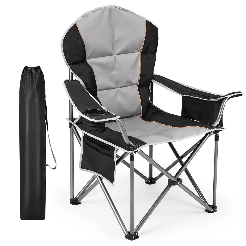 JIOABL Camping Chair, Portable Padded Outdoor Chair with Cup Holder & Cooler Bag, 500LBS Capacity, Folding for Beach Fishing Garden, Black Gray