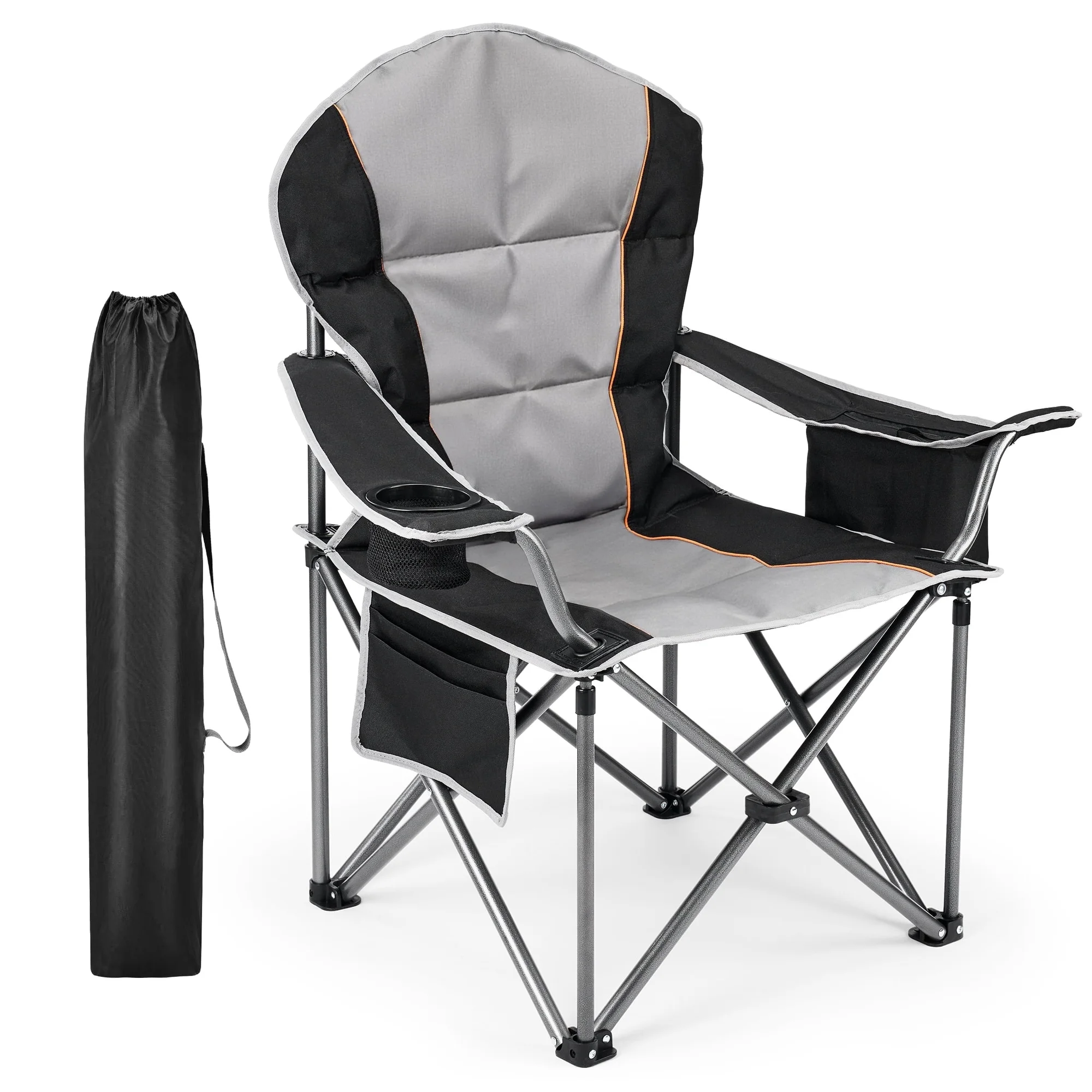 JIOABL Camping Chair, Portable Padded Outdoor Chair with Cup Holder & Cooler Bag, 500LBS Capacity, Folding for Beach Fishing Garden, Black Gray