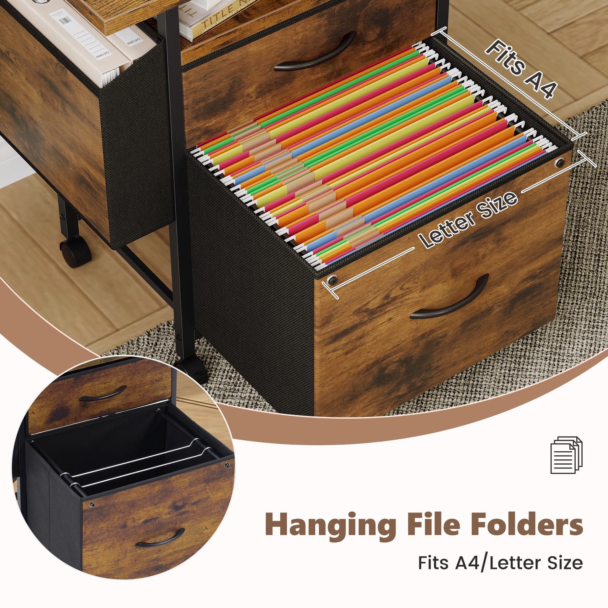 JIOABL Rolling Printer Stand with 2 Fabric Drawers, Storage Shelf, Side Organizer Bag and Lockable Wheels for Home Office