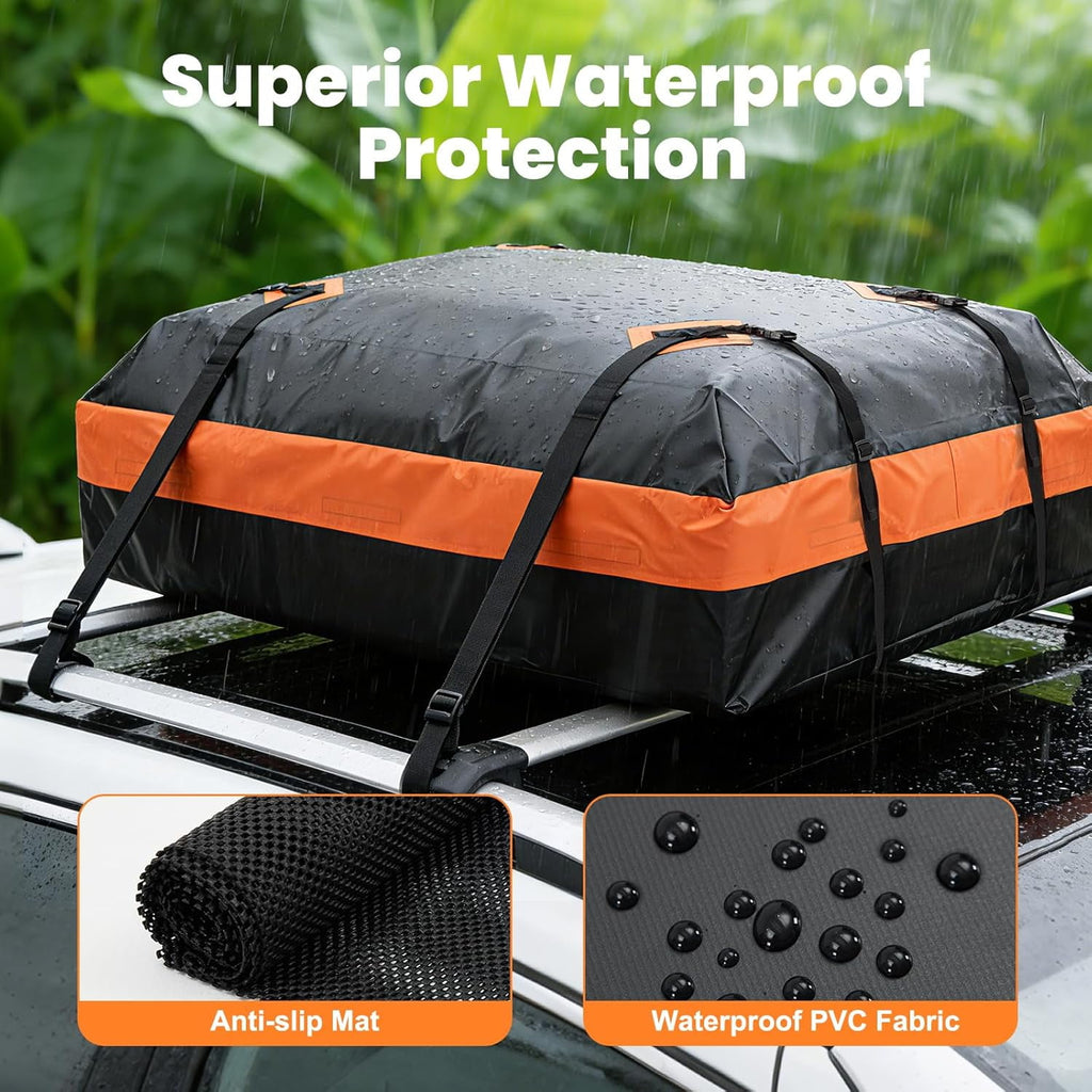 JIOABL Waterproof Car Roof Bag, 15 Cu Ft Rooftop Cargo Carrier with 6 Safety Hooks, Anti-Slip Mat, Lock, and Storage Bag for Cars & SUVs