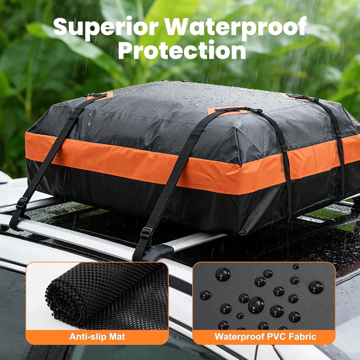 JIOABL Waterproof Car Roof Bag, 15 Cu Ft Rooftop Cargo Carrier with 6 Safety Hooks, Anti-Slip Mat, Lock, and Storage Bag for Cars & SUVs