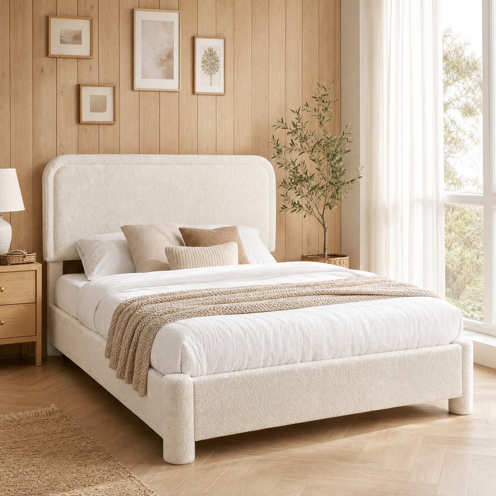 JIOABL Upholstered Platform Bed Frame with Adjustable Headboard, Teddy Fleece Fabric, No Box Spring Needed, White