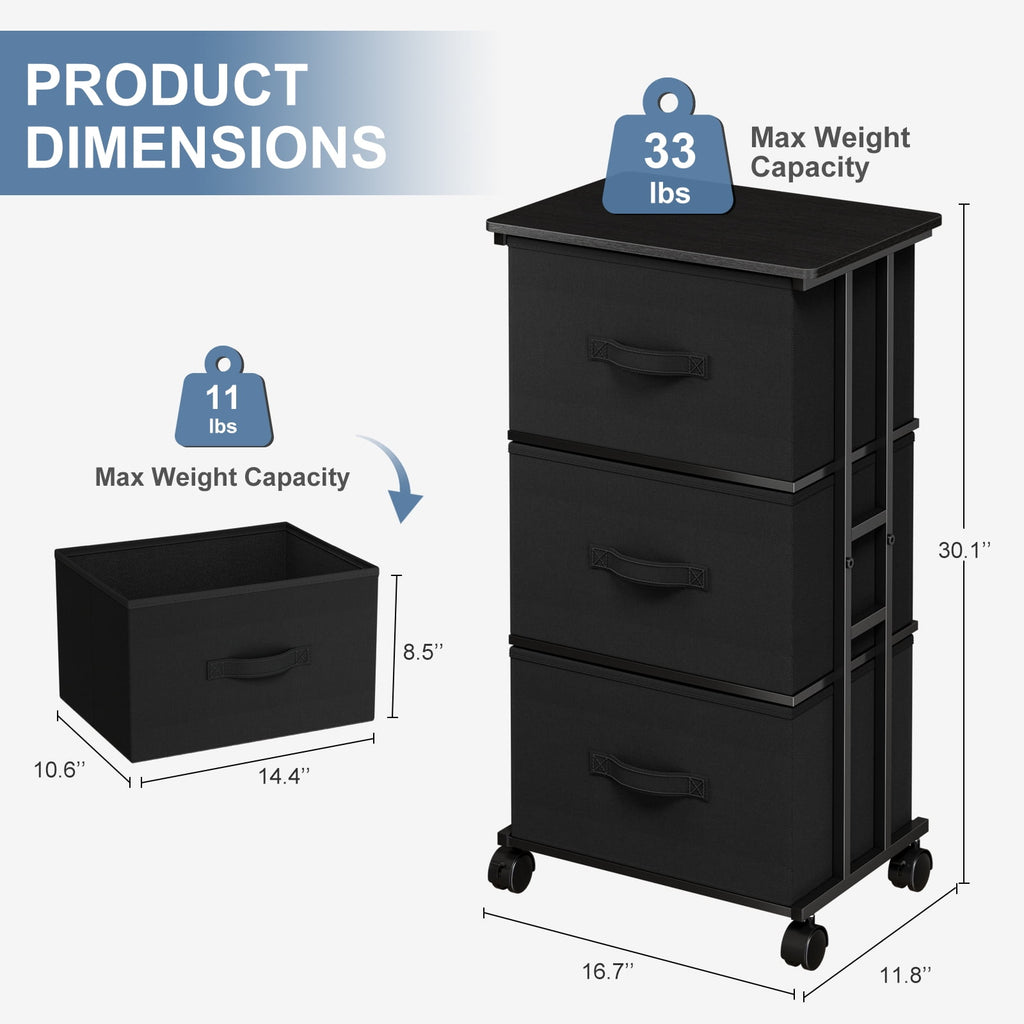JIOABL Dresser Storage with 3 Drawers, Fabric Tower, Vertical Storage Unit with Wheels & Adjustable Handles for Bedroom, Closet, Office