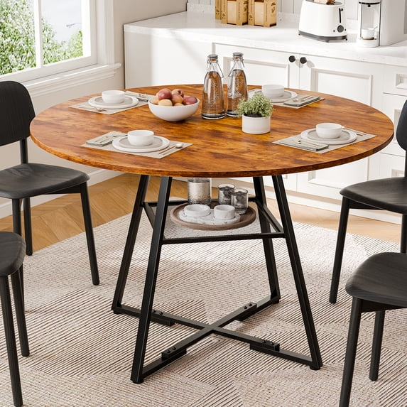 JIOABL 42 Inch Round Dining Table for 4-6, Farmhouse Table with Dual-Tier Storage Shelf, Metal Pedestal Base for Kitchen Dining Room Apartment, Black