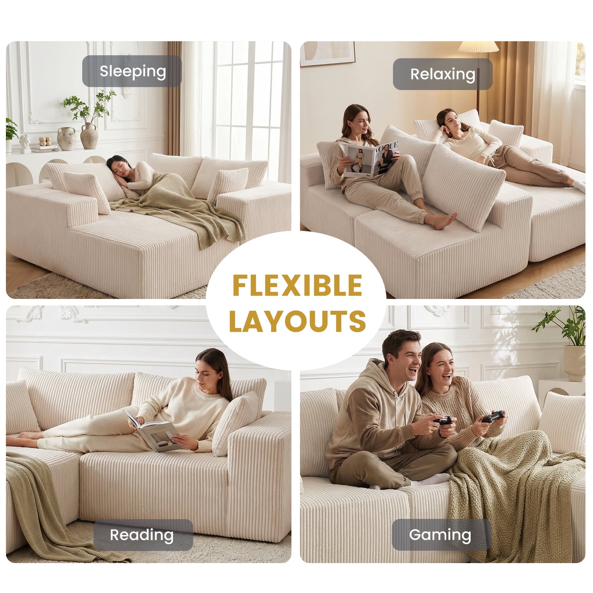 JIOABL 108" Modular Sectional Sofa, Fluffy Memory Foam Upholstered Couch, 4 Seat Modular Sofa for Living Room, Chaise Lounge