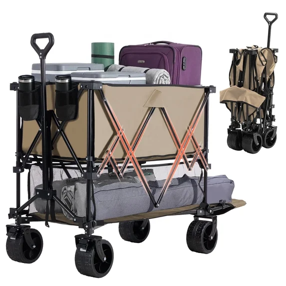 JIOABL 400L Double-Decker Folding Wagon Cart with 440lbs Capacity, 54" Extender, All-Terrain Wheels & Brakes, Black