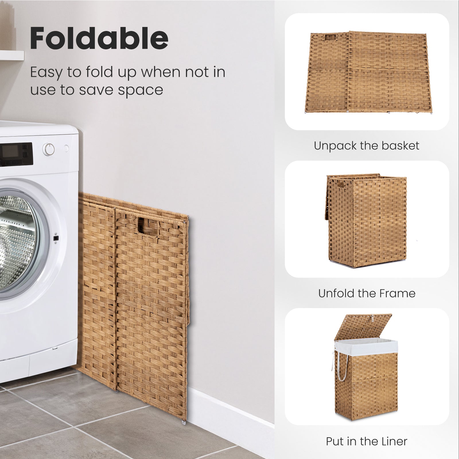 JIOABL Laundry Hamper with Lid, Clothes Hamper with Removable Liner Bags, Synthetic Rattan Laundry Basket for Clothes Toys in Bathroom Bedroom