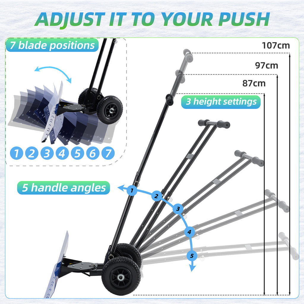 JIOABL 36 inch Snow Pusher with Wheels, Galvanized Steel Snow Plow, Adjustable Blade Angle & Handle for Driveway, Sidewalk & Walkway