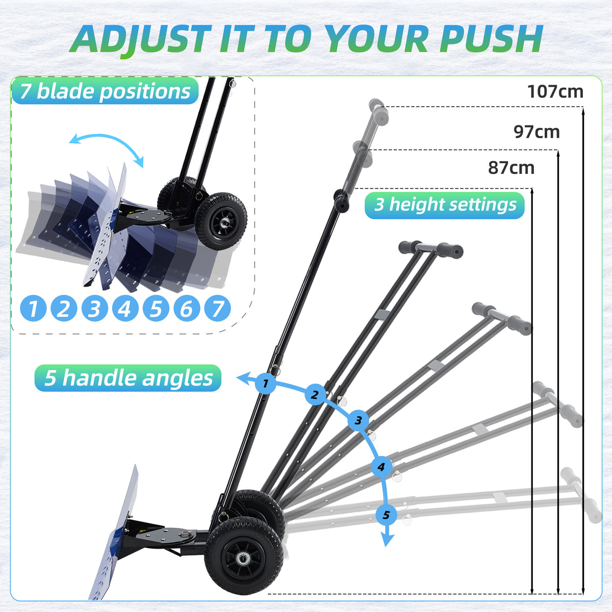 JIOABL 36 inch Snow Pusher with Wheels, Galvanized Steel Snow Plow, Adjustable Blade Angle & Handle for Driveway, Sidewalk & Walkway