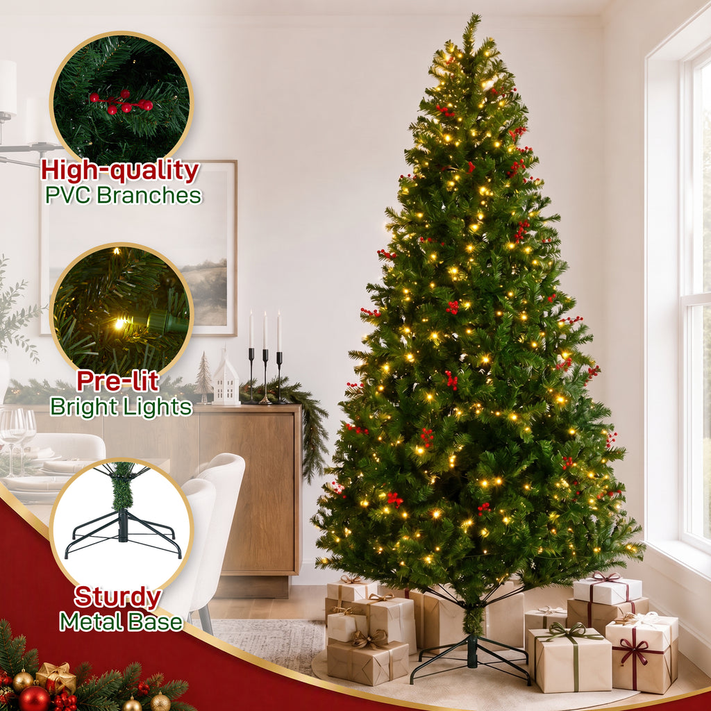 JIOABL Pre-Lit Artificial Spruce Christmas Tree, Pre-Decorated with Pinecones & Berries, Sturdy Metal Stand Base