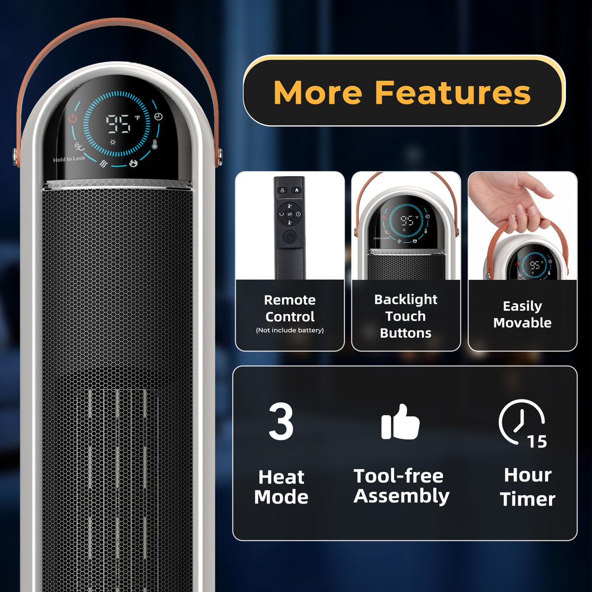 JIOABL Tall Tower Flame Heater with Light | 1500W, 4 Functions, 3s Quick Heat, 2 Heat Settings, Low Noise, Oscillation & Timer