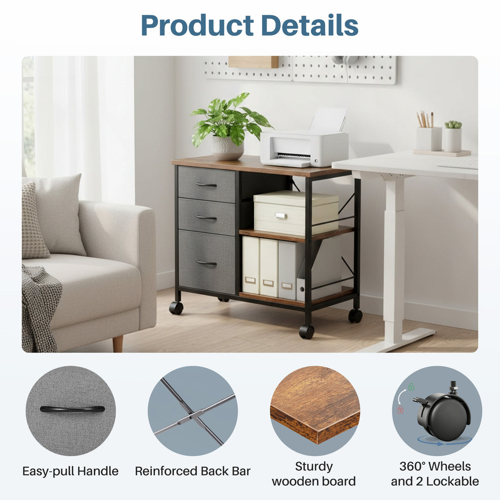 JIOABL 3-Drawer Mobile File Cabinet - Stylish Rolling Storage Solution with Open Shelf for Home Office