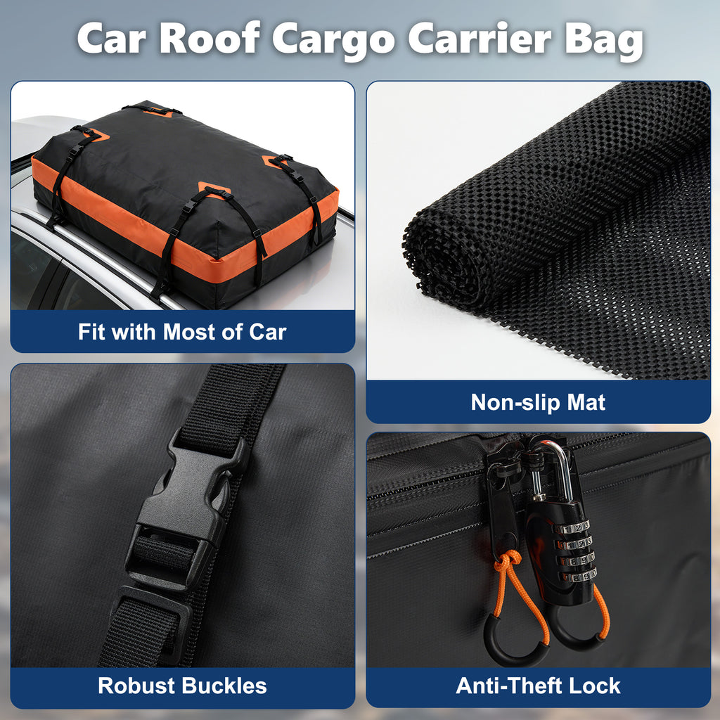JIOABL Waterproof Car Roof Bag, 15 Cu Ft Rooftop Cargo Carrier with 6 Safety Hooks, Anti-Slip Mat, Lock, and Storage Bag for Cars & SUVs