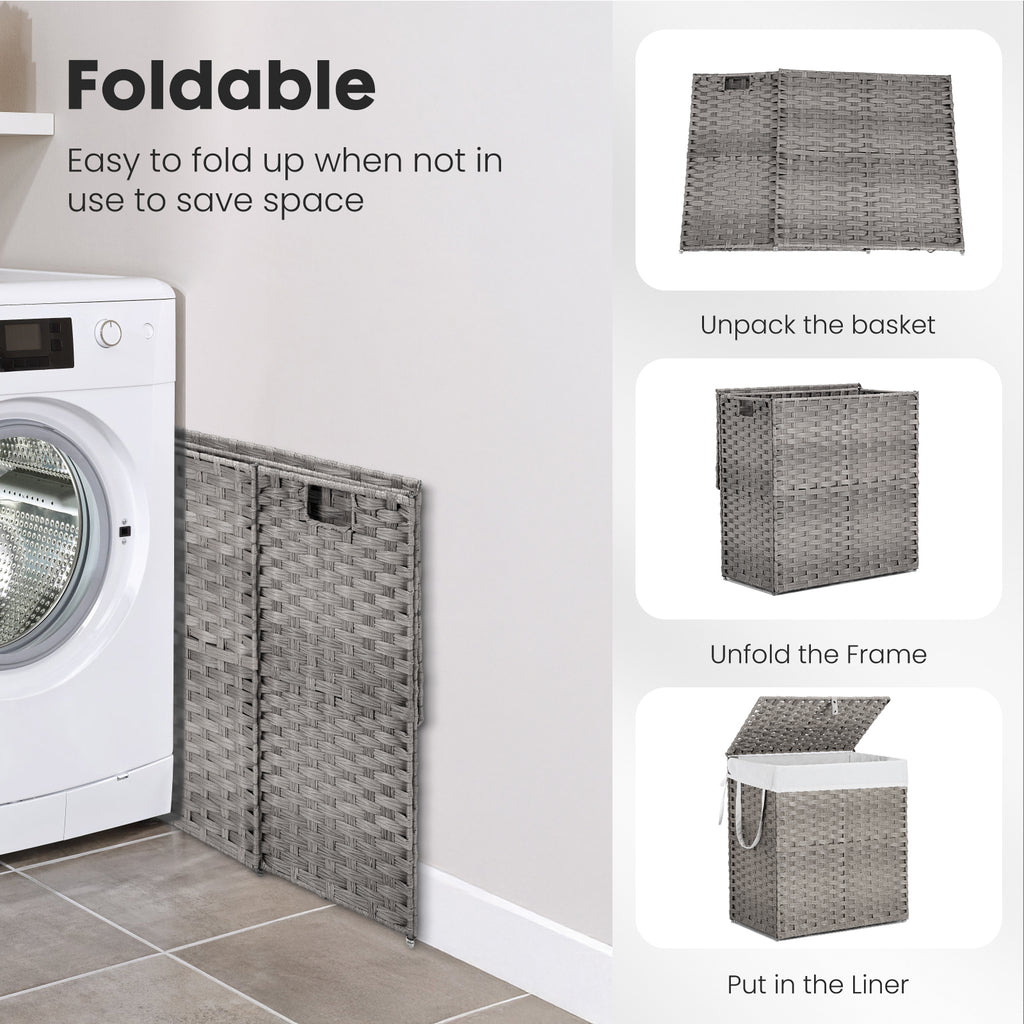 JIOABL Laundry Hamper with Lid, Clothes Hamper with Removable Liner Bags, Synthetic Rattan Laundry Basket for Clothes Toys in Bathroom Bedroom
