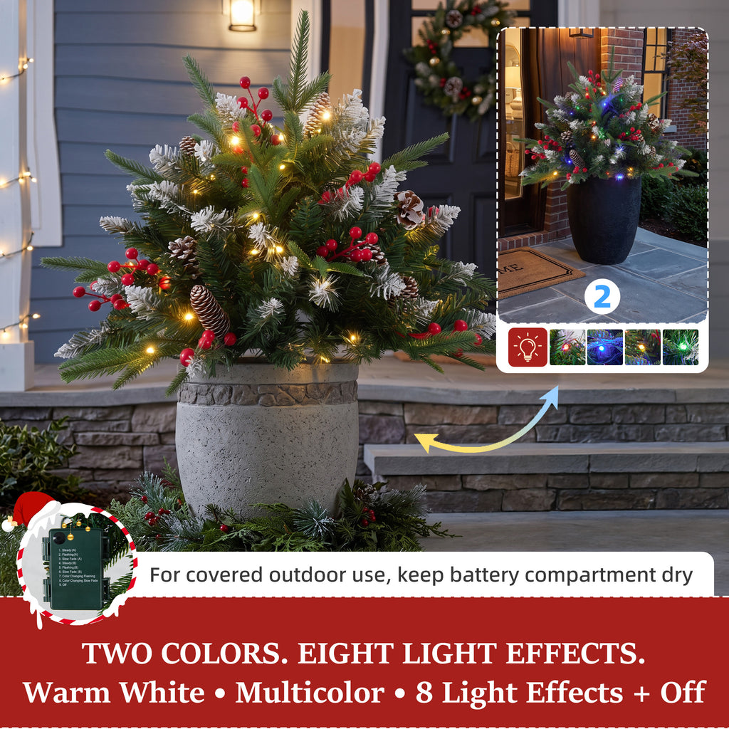 JIOABL Lighted Christmas Urn Filler, 24 in Artificial Pine Branches with 50 Warm White LEDs, 8 Modes and Timer, Indoor Outdoor Decor