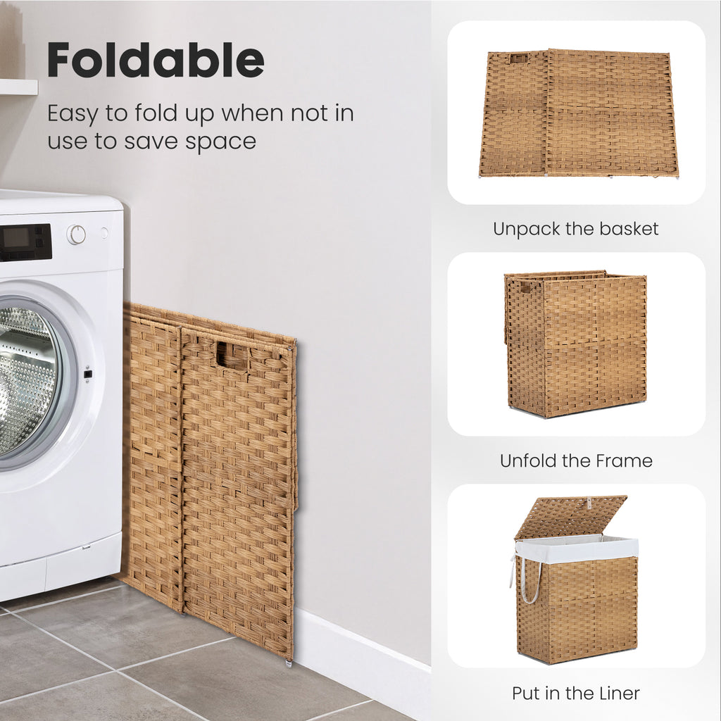JIOABL Laundry Hamper with Lid, Clothes Hamper with Removable Liner Bags, Synthetic Rattan Laundry Basket for Clothes Toys in Bathroom Bedroom