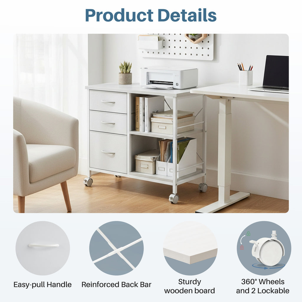 JIOABL 3-Drawer Mobile File Cabinet - Stylish Rolling Storage Solution with Open Shelf for Home Office