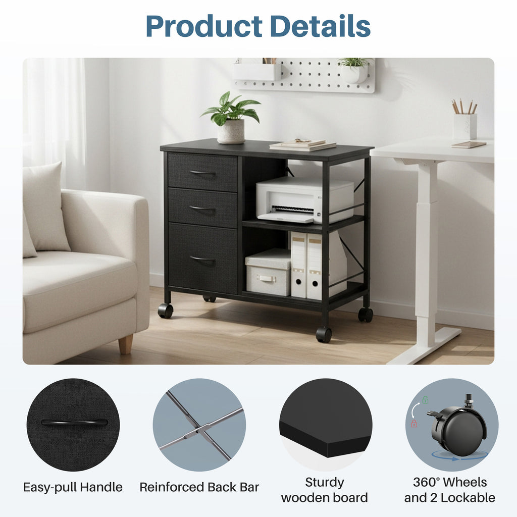 JIOABL 3-Drawer Mobile File Cabinet - Stylish Rolling Storage Solution with Open Shelf for Home Office