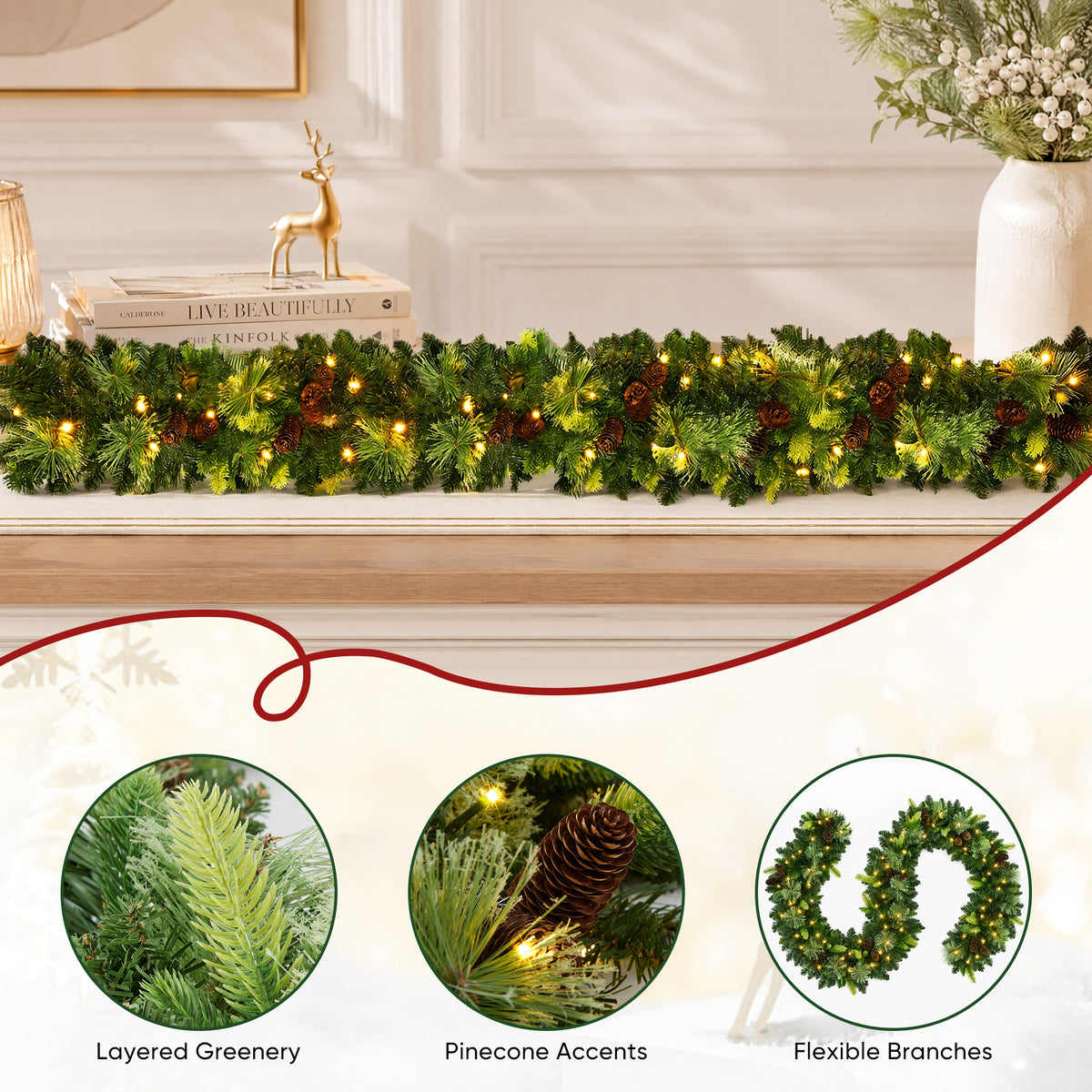 JIOABL 9 ft Pre-Lit Christmas Garland with Warm LED Lights, Artificial Pine Garland for Mantel, Staircase, Doorway and Holiday Decor