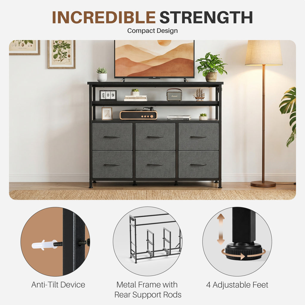 JIOABL TV Stand with 6 Fabric Drawers & Power Outlet, LED TV Console with USB & Type-C, Storage Dresser for Living Room