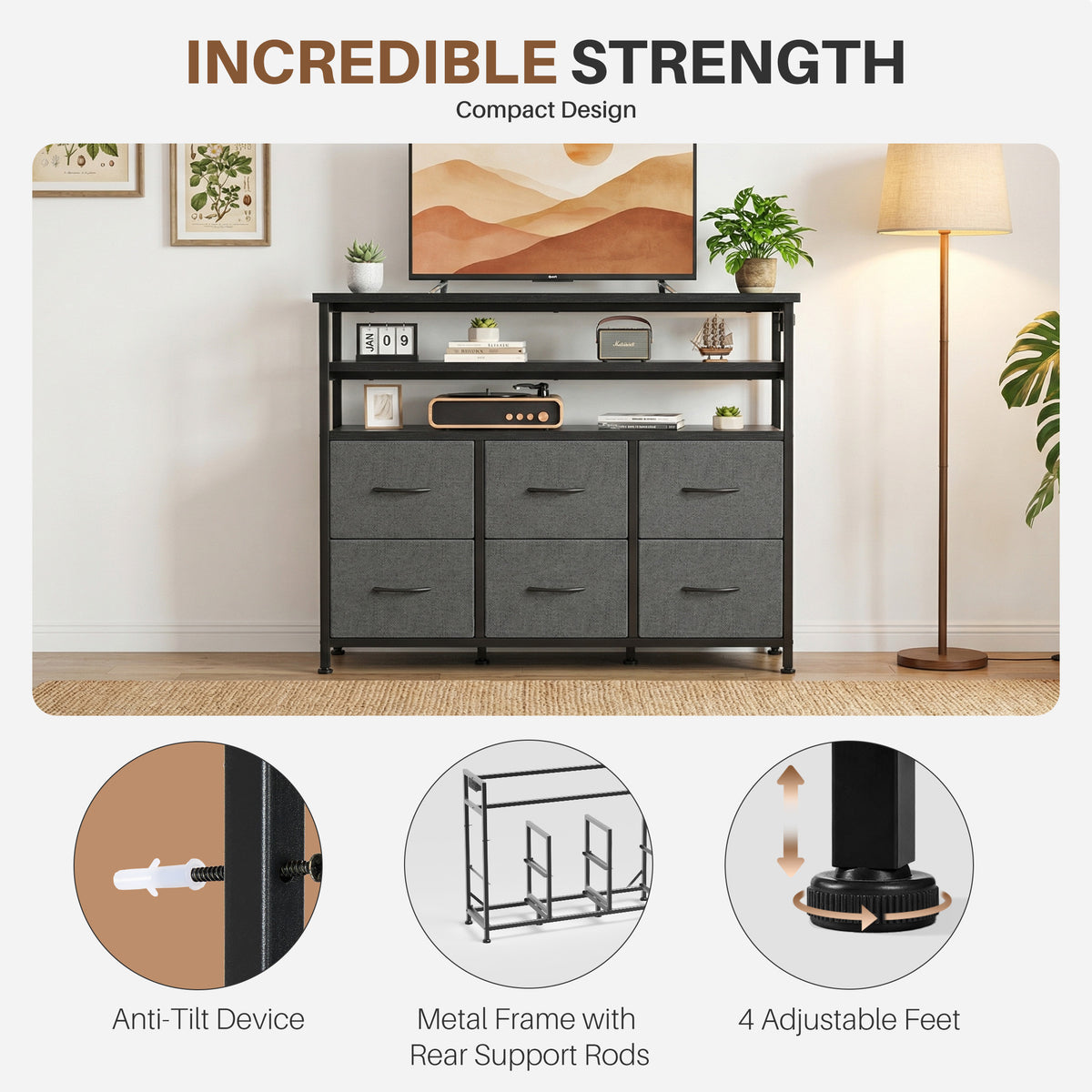 JIOABL TV Stand with 6 Fabric Drawers & Power Outlet, LED TV Console with USB & Type-C, Storage Dresser for Living Room