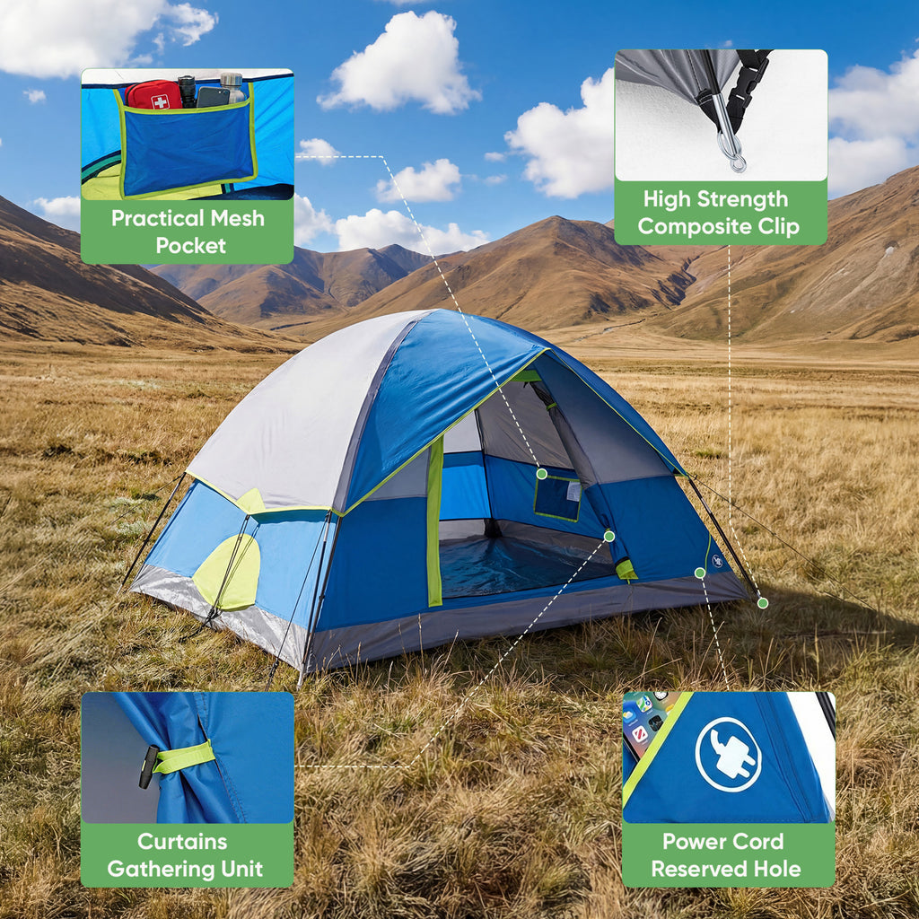 JIOABL Dome Camping Tent, Waterproof Polyester with Rainfly, Easy Setup, Ventilated Windows & Skylights, Portable Backpacking Tent