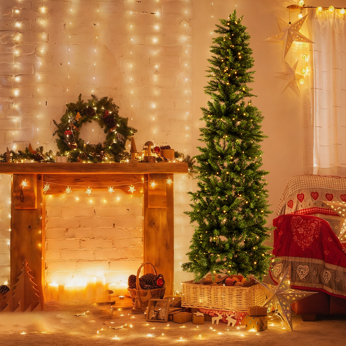 JIOABL Pre-Lit Fraser Fir Pencil Artificial Christmas Tree, Offering 8 Warm Light Modes
